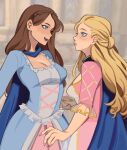  2girls absurdres animification anneliese_(barbie) barbie_(franchise) barbie_as_the_princess_and_the_pauper barbie_movies blonde_hair blue_cape blue_dress blue_eyes breasts brown_hair cape cleavage dress erika_(barbie) fingernails highres holding_hands long_fingernails long_hair multiple_girls pink_dress porqueloin princess_and_the_pauper 