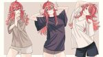  1girl :3 alternate_hairstyle bangs black_shirt blush brown_shirt closed_mouth double_v hair_between_eyes head_tilt highres idolmaster idolmaster_shiny_colors komiya_kaho long_hair looking_at_viewer multiple_views one_eye_closed oversized_clothes paddy_field red_eyes red_hair shirt shorts simple_background smile v white_shirt 