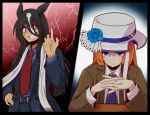  2girls akikawa_yayoi_(umamusume) anger_vein bangs black_border black_hair blue_eyes blue_necktie blue_suit border brown_suit collared_shirt commentary formal genderswap genderswap_(mtf) gradient gradient_background hair_between_eyes hat highres long_bangs long_sleeves multicolored_hair multiple_girls necktie orange_hair original own_hands_together personification pinstripe_pattern pinstripe_suit red_background red_eyes red_necktie scarf shaded_face shirt single_sidelock stare_down streaked_hair striped suit sun_hat sunday_silence_(racehorse) two-tone_hair umamusume white_hair white_scarf yonedatomo_mizu 