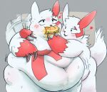  &lt;3 anthro belly belly_growl belly_overhang big_belly biped blush bodily_fluids bodily_noises burger chubby_cheeks claw_fingers claws deep_navel duo eating embrace feeding floofymeister food fur generation_3_pokemon grease grey_background hand_behind_back hand_behind_head happy heart_reaction hi_res hug huge_thighs looking_at_another looking_pleasured male male/male moobs navel nintendo obese obese_anthro obese_male overweight overweight_anthro overweight_male pokemon pokemon_(species) red_body red_fur rumbling_stomach simple_background size_difference sound_effects standing sweat tail_motion tailwag text thick_thighs video_games vowelless vowelless_sound_effect weight_gain white_body white_fur wide_hips zangoose 