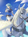  1girl :d absurdres armor blue_eyes blue_gloves blue_hair blue_sky blue_thighhighs boots breastplate cloud commission dress fire_emblem fire_emblem:_the_binding_blade gloves headband highres horseback_riding pegasus pegasus_knight_uniform_(fire_emblem) riding short_dress short_hair short_sleeves skeb_commission skirt sky smile solo souto_(0401) thea_(fire_emblem) thigh_boots thighhighs white_skirt wind wind_lift zettai_ryouiki 