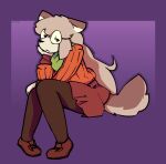  aliasing anthro bottomwear brown_body brown_fur canid canine catjam_(artist) clothed clothing digital_media_(artwork) eyewear female fur glasses hair karina_(catjam) long_hair mammal orange_clothing purple_background scarf shoes_on simple_background skirt solo sweater tan_body tan_fur topwear 