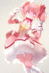  1girl absurdres animal_ears body_fur bow breasts bright_pupils choker dress frilled_socks frills furrification furry furry_female gloves hair_bow highres kaname_madoka leaning_to_the_side magical_girl mahou_shoujo_madoka_magica onikuman paw_pose pink_bow pink_dress pink_eyes pink_fur pink_hair puffy_short_sleeves puffy_sleeves red_bow red_choker short_hair short_sleeves small_breasts socks solo twintails white_gloves white_pupils white_socks 