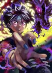  1boy bishounen black_hair black_shirt commentary commentary_request dragon eastern_dragon eyeshadow fantasy foreshortening hiei_(yu_yu_hakusho) highres looking_at_viewer makeup male_focus moroi purple_eyeshadow purple_nails red_eyes shirt short_hair signature solo spiked_hair teeth yu_yu_hakusho 