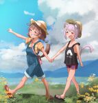  2girls aged_down animal_ears black_tank_top blue_overalls blue_sky braid brown_hair cat_ears cat_girl cat_tail closed_eyes cloud dog_ears dog_girl dog_tail dolphin_shorts fang flip-flops flower grass grin hat highres holding_hands hololive inugami_korone low_twin_braids mountain multiple_girls nekomata_okayu overalls overalls_rolled_up pink_hair sandals shirt shorts sky smile strap_slip striped striped_shirt sun_hat tail tama_(tamago) tank_top twin_braids virtual_youtuber wavy_mouth yawning yubi_yubi_(inugami_korone) 