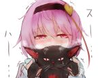  1girl animal bangs black_cat blush breath cat covered_mouth furrowed_brow hair_between_eyes hair_ornament hairband half-closed_eyes heart heart_hair_ornament highres holding holding_animal holding_cat kaenbyou_rin kaenbyou_rin_(cat) komeiji_satori looking_at_viewer motion_lines nose_blush pink_eyes pink_hair raised_eyebrows safutsuguon short_hair simple_background sketch smelling solo sweat third_eye touhou trembling upper_body whiskers white_background 