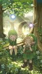  1boy 1girl blonde_hair brown_footwear character_request closed_eyes clover commentary commentary_request dappled_sunlight day fairy fairy_wings fantasy female_child forest fujiwara_yoshito full_body green_footwear green_hair green_headwear green_tunic hand_on_own_face hat link listening_to_music male_child nature navi on_grass open_mouth outdoors playing_flute pointy_ears saria_(the_legend_of_zelda) short_hair sitting standing sunlight teeth the_legend_of_zelda tree upper_teeth wings 