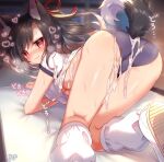  1girl all_fours animal_ear_fluff animal_ears artist_name ass azur_lane bangs black_hair blue_buruma blush breasts buruma commentary_request cum cum_on_ass cum_on_body cum_on_legs fang fang_out from_behind gym_storeroom gym_uniform hair_ribbon heart highres looking_at_viewer looking_back loose_socks medium_breasts medium_hair nail_polish nose_blush ponytail presenting red_eyes red_nails red_ribbon ribbon sheet_grab shigure_(azur_lane) shirt short_sleeves signature slit_pupils socks solo swept_bangs tail tail_raised thighs translated underboob white_footwear white_shirt white_socks wolf_ears wolf_girl wolf_tail yufukiri 