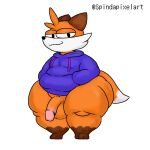  1:1 2022 anthro axoarts balls big_penis biped black_eyes bottomless brown_body brown_fur canid canine circumcised clothed clothing dipstick_tail fox front_view fur genitals glans grin half-erect hands_in_both_pockets hoodie hoodie_only huge_thighs humanoid_genitalia humanoid_penis looking_at_viewer male mammal markings multicolored_body multicolored_fur orange_body orange_fur overweight overweight_anthro overweight_male penis simple_background smile solo soups_(superiorfox) standing tail_markings thick_thighs topwear topwear_only two_tone_body two_tone_fur white_background wide_hips 