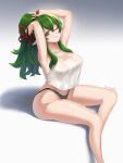  1girl absurdres adjusting_hair alternate_costume armpits arms_up bangs black_panties blush breasts burnt_green_tea cleavage collarbone commentary english_commentary fire_emblem fire_emblem_awakening green_eyes green_hair hair_between_eyes hair_ribbon highres invisible_chair large_breasts long_hair looking_at_viewer one_eye_closed panties pointy_ears ponytail red_ribbon ribbon shirt sidelocks sitting sleeveless sleeveless_shirt solo thighs tiki_(fire_emblem) tying_hair underwear wet wet_clothes white_shirt 