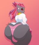  absurd_res big_butt breasts bulge butt clothing diancie dress ear_piercing ear_ring generation_6_pokemon grey_body gynomorph hexami hi_res huge_butt humanoid intersex legendary_pokemon looking_back nintendo panties piercing pokemon pokemon_(species) red_eyes red_sclera ring_piercing smile solo thick_thighs underwear video_games wide_hips 
