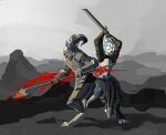  absurd_res anthro armor blood bodily_fluids canid canine canis clenched_teeth death disembowelment domestic_dog duel duo felid female fight gore halberd hi_res husky jaclyn_(revertigo) mammal melee_weapon monochrome nordic_sled_dog pantherine plate_armor polearm revertigo shocked sky spitz surprise surprised_expression sword teeth tiger weapon wolf wounded 