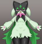  2022 3_fingers anthro black_body black_pupils fingers front_view fur gradient_background green_body green_fur grey_background hi_res iris looking_at_viewer meowscarada nintendo open_mouth pokemon pokemon_(species) pupils simple_background solo sum teeth tongue video_games 