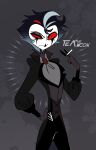  anthro avian bird black_clothing cigarette clothing formal_clothing formal_wear frown goth grey_background hair helluva_boss hi_res looking_at_viewer male messy_hair owl owl_demon red_eyes simple_background smoking solo standing stolas_(helluva_boss) teathekook teenager text watermark young 