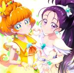  2girls breasts brown_hair choker colored_eyelashes cowboy_shot cure_egret cure_papaya dress eyelash_ornament fingerless_gloves futari_wa_precure_splash_star gloves green_eyes hairband heart heart_hands heart_print ichinose_minori mini_koala mishou_mai mismatched_eyelashes multiple_girls precure purple_eyes purple_hair sailor_collar short_sleeves skirt small_breasts thick_eyelashes tropical-rouge!_precure white_background white_dress yellow_choker yellow_gloves yellow_sailor_collar yellow_skirt 