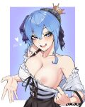  1girl alternate_breast_size blue_eyes blue_hair blush breasts clothes_pull crown highres hololive hoshimachi_suisei large_breasts looking_at_viewer medium_hair nipples one_breast_out orouu solo star_(symbol) star_in_eye symbol_in_eye virtual_youtuber 