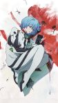  1girl absurdres ayanami_rei blue_hair bodysuit breasts full_body hair_ornament headphones highres holding neon_genesis_evangelion nerv pakkun pilot_suit plugsuit red_eyes short_hair solo sony white_bodysuit 