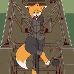  1:1 absurd_res anthro barefoot breasts canid canine feet female fox fur green_eyes hair hi_res inner_ear_fluff looking_at_viewer mammal military_clothing orange_hair smile solo tank the_man tuft vehicle white_body 