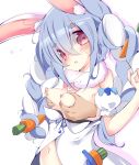  1girl animal_ear_fluff animal_ears bangs bare_shoulders blue_hair blush braid breast_grab breasts carrot_hair_ornament commission detached_sleeves dress food-themed_hair_ornament fur_scarf grabbing groping hair_between_eyes hair_ornament highres hololive inasa_orange long_hair multicolored_hair nipples puffy_detached_sleeves puffy_short_sleeves puffy_sleeves rabbit_ears red_eyes scarf short_eyebrows short_sleeves skeb_commission small_breasts solo_focus sweatdrop thick_eyebrows twin_braids twintails two-tone_hair usada_pekora virtual_youtuber w_arms white_dress white_hair white_scarf white_sleeves 