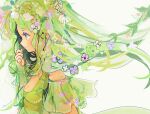  1girl arm_up blush detached_sleeves dress flower green_dress green_hair hair_flower hair_ornament leaf long_hair nucco original plant profile simple_background smile solo upper_body white_background 