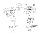  2015 2022 angry anthro antlers bottomwear cargo_shorts closeted clothing darwin_(tinydeerguy) english_text hi_res horn male male/male motion_lines open_mouth shadow shirt shorts sign simple_background solo t-shirt teeth_showing text thought_bubble tinydeerguy tongue_showing topwear white_background 