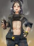  1girl :d ass_visible_through_thighs black_bra black_hair black_jacket black_pants bra breasts cowboy_shot cross_scar cup dendra_(pokemon) fingerless_gloves gloves gradient gradient_background hair_between_eyes hand_on_hip holding holding_cup jacket kazo large_breasts legs_apart long_hair looking_at_viewer navel open_clothes open_jacket open_mouth pants pink_lips pokemon pokemon_(game) pokemon_sv red_eyes red_pupils scar scar_on_face scar_on_forehead sleeves_past_elbows smile solo sports_bra steaming_body sweat track_jacket underwear white_gloves 