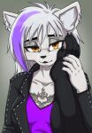  2022 anthro black_nose breasts canid clothed clothing daigaijin ear_piercing ear_ring ember_(nightdancer) faceless_character female first_person_view fur hair half-closed_eyes hi_res mammal narrowed_eyes piercing ring_piercing solo tattoo white_body white_fur white_hair yellow_eyes 