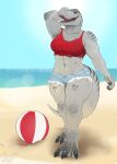  abs anthro ball beach beach_ball breasts claws clothing crop_top dinosaur female grey_body grey_scales hand_behind_head hi_res inflatable light midriff muscular muscular_anthro muscular_female navel non-mammal_breasts open_mouth outside pig_(artist) reptile sand scales scalie seaside sharp_teeth shirt sky solo standing sun sunlight teeth theropod topwear torn_clothing tyrannosaurid tyrannosaurus tyrannosaurus_rex 