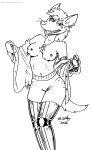  2022 anthro black_and_white breasts canid canine canis clothing cybernetics cyborg dingo female fur grin hair hi_res liz_(tegerio) machine mammal monochrome navel nipples smile solo tegerio undressing whiskers 