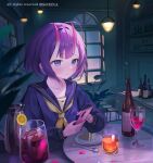  1girl alternate_costume artist_name blue_eyes blue_sailor_collar cake cellphone closed_mouth copyright cup drinking_glass fate/grand_order fate_(series) food highres holding holding_phone horns neckerchief oni oni_horns phone purple_hair sailor_collar school_uniform serafuku short_hair shuten_douji_(fate) somna spoon yellow_neckerchief 