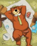  4:5 anthro balls_deep basket cherry_pie_(food) clothing container foreskin fuzzy genitals hanna-barbera hat headgear headwear humanoid lying male mammal necktie on_back outside penetration penis picnic picnic_basket relaxing rov slightly_chubby solo ursid yogi_bear yogi_bear_(character) 