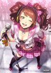  1girl ;d black_bra bow bra breasts brown_hair choker cleavage from_above gloves hair_bow hand_on_hip headphones idol kujikawa_rise looking_at_viewer looking_up medium_breasts microphone microphone_stand midriff nekobayashi_(nekoforest) one_eye_closed open_mouth persona persona_4 persona_4:_dancing_all_night persona_dancing perspective pink_skirt pleated_skirt revision single_glove skirt smile solo standing suspenders thighhighs twintails underwear watermark 