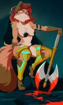  anthro axe blood bodily_fluids breasts canid canine dipstick_tail evon evonallure female fox fur gloves_(marking) gore hair half-closed_eyes leg_markings mammal markings melee_weapon narrowed_eyes orange_body orange_fur red_eyes red_hair skimpy_armor socks_(marking) solo tail_markings weapon 
