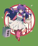  1girl apron bell blunt_tresses bowl breasts chinese_clothes closed_mouth flats food frilled_apron frills full_body green_background hair_bell hair_ornament holding holding_bowl jingle_bell kamaboko long_hair medium_hair narutomaki noodles okamochi_(container) purple_hair ramen ranma_1/2 red_eyes red_footwear shampoo_(ranma_1/2) smile solo steam ttk211 white_apron 