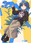  1girl bangs blue_eyes blue_hair bocchi_the_rock! boots brown_footwear character_doll gotou_hitori hair_cubes hair_ornament holding jacket long_sleeves looking_at_viewer lying mizumi_(artist) mole on_back pink_hair pink_jacket plant shirt short_hair skirt solo track_jacket yamada_ryou yellow_eyes 