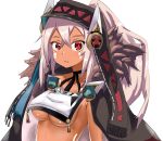  1girl absurdres azur_lane bangs blush breast_curtain breasts brown_cape brown_hood cape commentary_request crossed_bangs dark-skinned_female dark_skin expressionless facepaint fur-trimmed_cape fur_trim hair_between_eyes high_ponytail highres hood hood_up long_hair looking_at_viewer medium_breasts minneapolis_(azur_lane) red_eyes revealing_clothes shakobii simple_background solo underboob upper_body white_background 