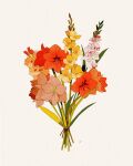  amaryllis_(flower) bouquet commentary commission english_commentary flower flower_focus gladiolus highres leaf libbyframe no_humans orange_flower original pink_flower plant red_flower signature simple_background still_life white_background yellow_flower 