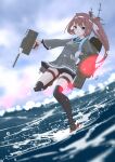  1girl asagumo_(kancolle) bike_shorts black_thighhighs blue_eyes brown_hair commentary full_body grey_skirt hachimaki headband highres holding holding_turret kantai_collection leg_up long_hair neve official_alternate_costume official_alternate_hairstyle pleated_skirt ponytail school_uniform shorts shorts_under_skirt skirt solo thighhighs turret twintails white_headband 