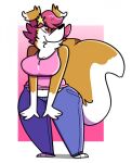  2018 anthro blue_clothing breasts canid canine cleavage clothed clothing dogfluid female fox fur gloves_(marking) hair hi_res mammal markings neck_tuft orange_body orange_fur orange_tail paws pink_clothing pink_eyes pink_hair solo tuft white_body white_fur white_tail wide_hips 