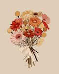  bouquet commentary daisy english_commentary flower flower_focus gerbera grey_background highres libbyframe no_humans orange_flower original pink_flower plant red_flower ribbon signature simple_background still_life white_flower white_ribbon yellow_flower 