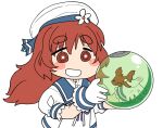  1girl blue_sailor_collar brown_eyes brown_hair chuchumy commentary crossover fish fishbowl gloves goldfish gundam gundam_g_no_reconguista harukaze_unipo holding kantai_collection long_hair puffy_short_sleeves puffy_sleeves sailor_collar sailor_shirt shirt short_sleeves simple_background solo thick_eyebrows upper_body wavy_hair white_background white_gloves white_shirt yashiro_(kancolle) 