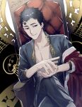  1boy absurdres black_clover black_hair black_pants black_shirt clapping crossed_legs facial_mark forehead_mark gen_me highres lucius_zogratis male_focus open_clothes open_shirt pants red_eyes shirt sitting smile solo throne 