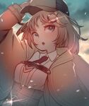  1girl :o bangs blonde_hair blue_eyes blue_sky brown_coat cloud cloudy_sky coat deerstalker detective hair_ornament hat highres hololive hololive_english looking_at_viewer monocle_hair_ornament necktie open_mouth outdoors red_necktie shirt sky solo tenbin_777 upper_body virtual_youtuber watson_amelia white_shirt 