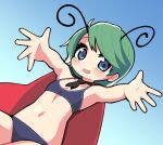  1girl antennae bangs bikini black_bikini black_cape blue_background blue_eyes blush breasts cape cleavage commentary cowboy_shot dutch_angle flat_chest gradient gradient_background green_hair highres looking_at_viewer midriff navel open_mouth reaching_towards_viewer red_cape short_hair smile solo swept_bangs swimsuit touhou two-sided_cape two-sided_fabric ugif wriggle_nightbug 