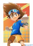  1boy absurdres bangs blue_headband blue_shirt border brown_eyes brown_hair closed_mouth commentary_request digimon digimon_adventure:_(2020) glint gloves goggles goggles_on_head hair_between_eyes hand_up headband highres looking_at_viewer male_focus orange_background orange_shorts outside_border print_shirt shirt short_sleeves shorts signature smile solo spiked_hair standing star_(symbol) star_print t-shirt twitter_username watagashikn white_border white_gloves yagami_taichi 