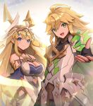  1boy 1girl absurdres anniversary armor bangs bare_shoulders black_gloves blonde_hair blue_eyes breasts brother_and_sister cleavage cowlick dragalia_lost euden fingerless_gloves gloves gonzarez green_eyes hair_between_eyes highres large_breasts long_hair looking_at_viewer official_alternate_costume open_mouth outstretched_hand reaching_towards_viewer siblings smile twins very_long_hair zethia 