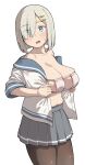  1girl aqua_eyes areola_slip bikini black_pantyhose blue_sailor_collar blush breasts eyepatch_bikini geso_smith grey_hair hair_ornament hair_over_one_eye hairclip hamakaze_(kancolle) highres kantai_collection large_breasts looking_at_viewer open_clothes open_mouth open_shirt pantyhose pleated_skirt sagging_breasts sailor_collar school_uniform serafuku short_hair simple_background skirt solo sweat swimsuit white_background white_bikini 