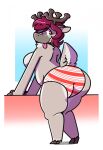  2018 anthro belly blep breasts butt capreoline cervid clothing dogfluid female fur grey_body grey_fur grey_tail hair happy hi_res hooves mammal one_eye_closed orange_eyes pink_hair rear_view red_clothing reindeer slightly_chubby smile solo thick_thighs tongue tongue_out white_body white_fur white_tail 