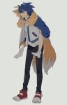 2boys absurdres animal_ears banri_0917 bare_legs bishounen black_pants blonde_hair blue_eyes carrying child_carry commentary commentary_request fox_boy fox_ears full_body highres jacket long_sleeves male_child male_focus multiple_boys multiple_tails pants personification piggyback red_footwear simple_background socks sonic_(series) sonic_the_hedgehog tail tails_(sonic) two_tails white_background white_jacket white_socks 