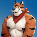  anthro blue_nose bodily_fluids bust_portrait felid frosted_flakes fur gradient_background huzzhuz kellogg&#039;s looking_at_viewer male mammal mascot muscular muscular_anthro muscular_male neckerchief nipples orange_body orange_fur pantherine pecs portrait simple_background solo striped_body striped_fur stripes sweat tiger tony_the_tiger whiskers yellow_eyes 